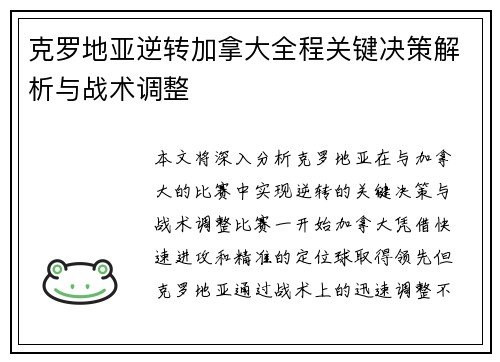 克罗地亚逆转加拿大全程关键决策解析与战术调整